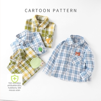 Gyerekek hosszú ujjú ing, uniszex, gallér típusú lapel, Cartoon mintás, 100% pamut