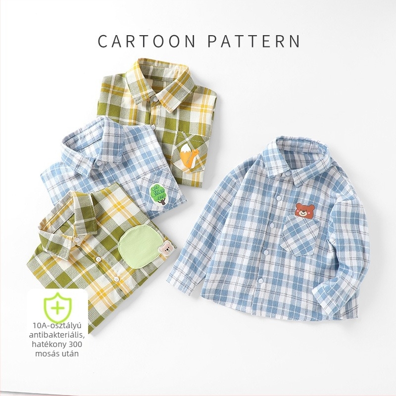 Gyerekek hosszú ujjú ing, uniszex, gallér típusú lapel, Cartoon mintás, 100% pamut