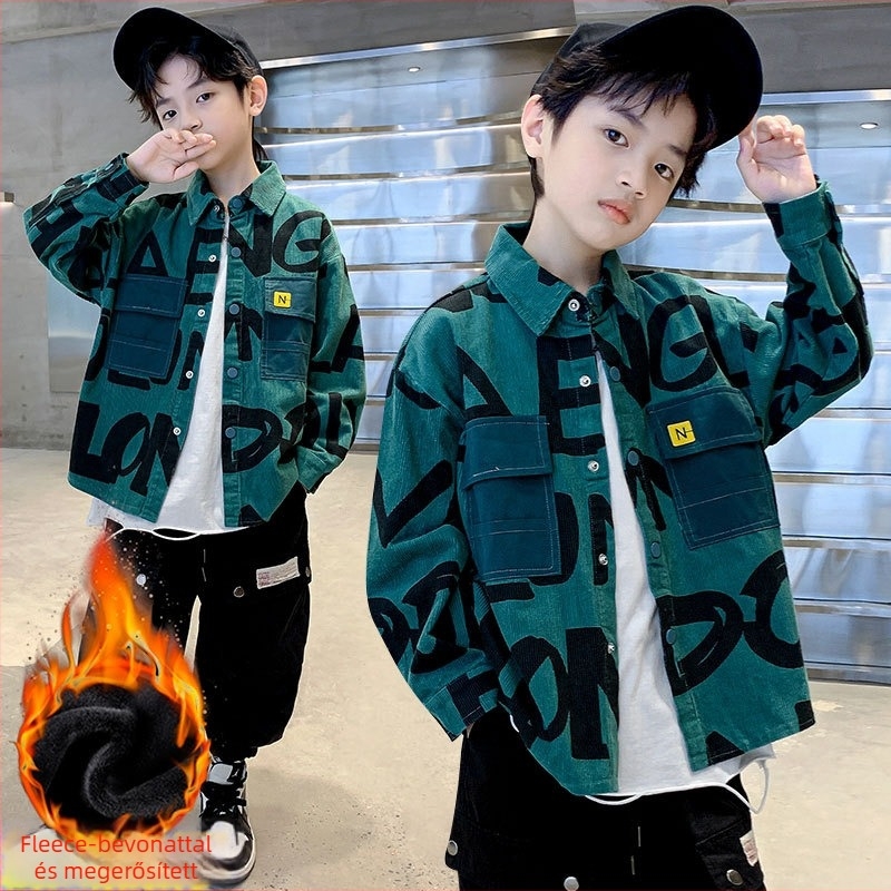 Fiú kordbársony fleece-béléses kabát, hosszú ujjú, galléros, koreai stílusú