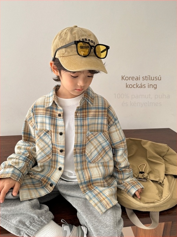 Gyerekeknek készült hosszú ujjú ing, koreai stílusú, kockás minta, 100% pamut, 8 éves kortól (140 cm felett), tavasz–ősz.