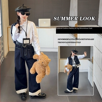 Lányoknak szóló tavaszi–őszi háromrészes készlet, koreai stílusú felső csipkés gallérral és denim szettel