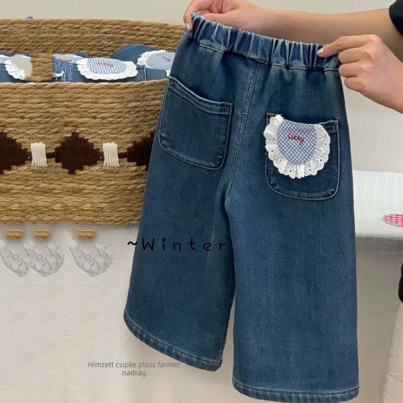 Lányoknak készült koreai stílusú farmernadrág fleece-béléssel, cartoon mintával, egyenes szabású, középmagas derék