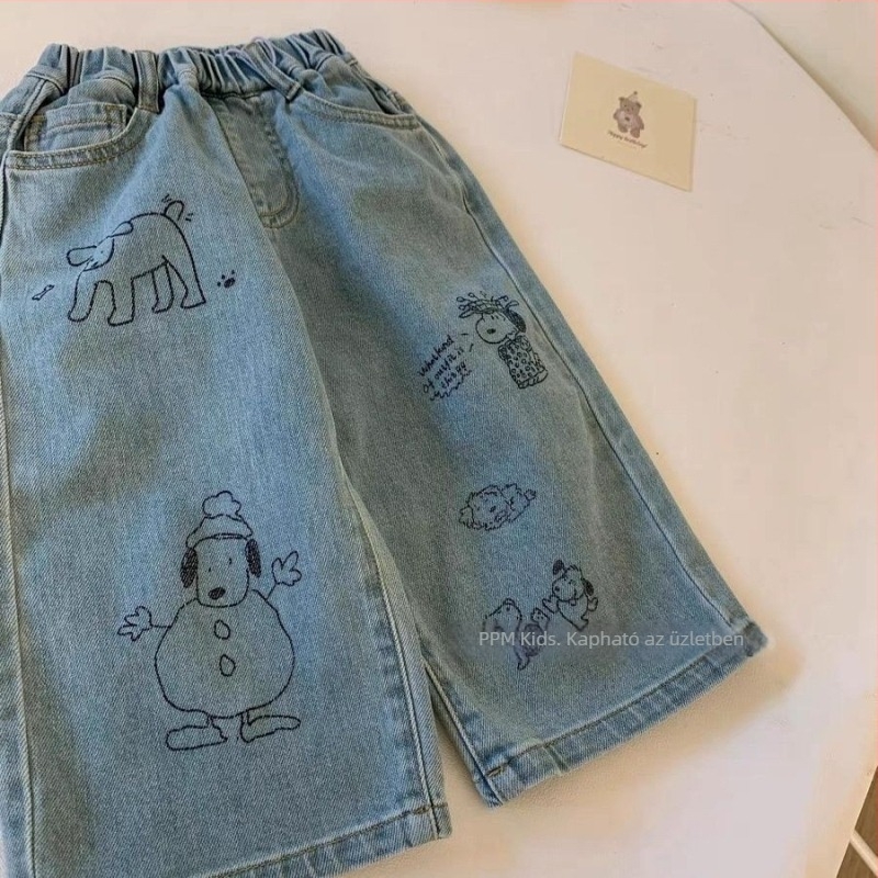 Lányoknak készült koreai stílusú farmernadrág fleece-béléssel, cartoon mintával, egyenes szabású, középmagas derék