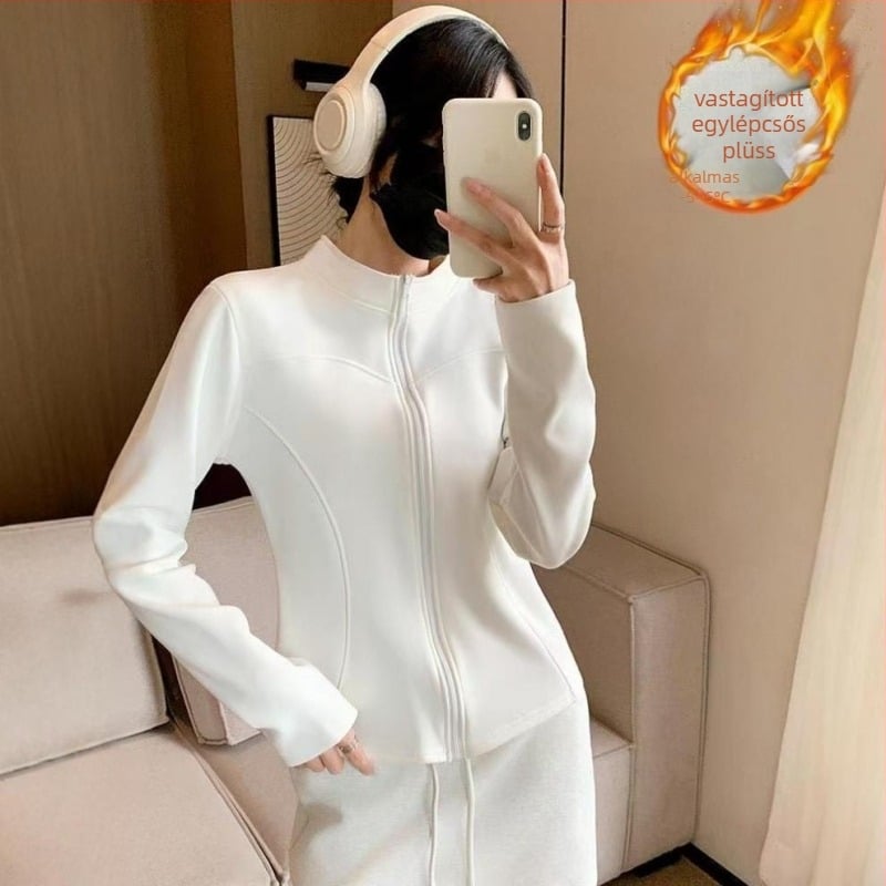 Női grafénnel bélelt jóga dzseki, hosszú ujjú, álló gallér, poliészter-spandex szövet, hossz 50-65 cm