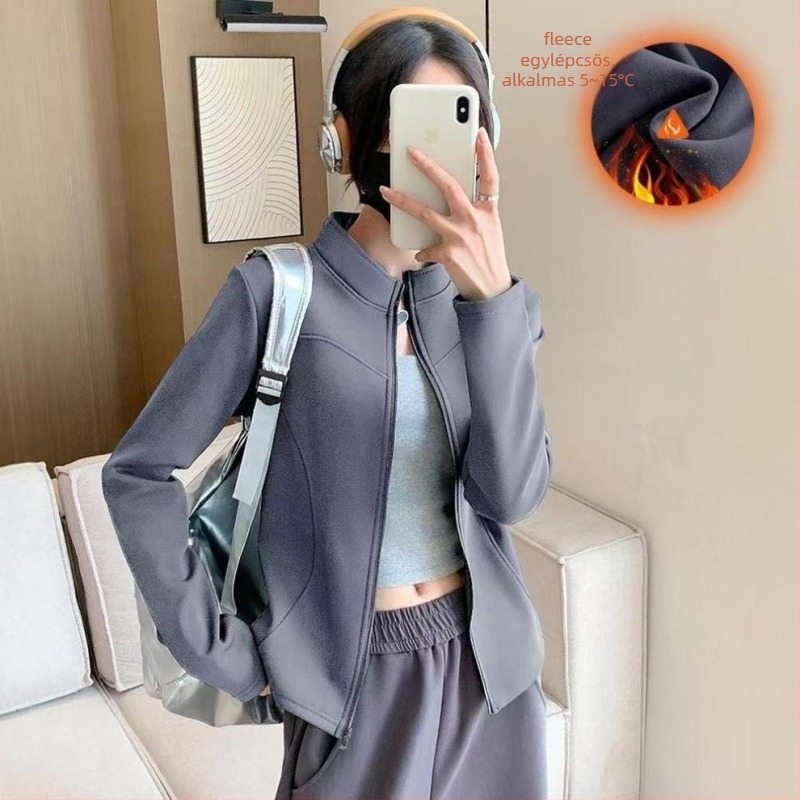 Női grafénnel bélelt jóga dzseki, hosszú ujjú, álló gallér, poliészter-spandex szövet, hossz 50-65 cm