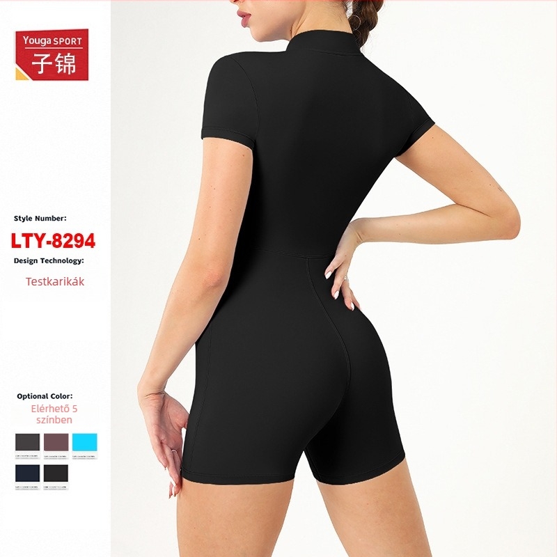 Női rövid ujjú zipzáros jóga overál rövidnadrággal (Szuper rugalmas, lélegző, vékony; Anyag: nejlon felhőhatású szövet; 75% nejlon, 25% spandex; Rövid ujjú kialakítás; Alkalmas futáshoz, edzéshez, kerékpározáshoz, tánchoz)