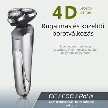 Elektromos borotva beépített orrszőr-trimmere — USB töltés, forgó 3 pengéjű fej, nedves és száraz használat, LED kijelző