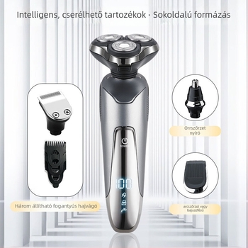 Elektromos borotva beépített orrszőr-trimmere — USB töltés, forgó 3 pengéjű fej, nedves és száraz használat, LED kijelző