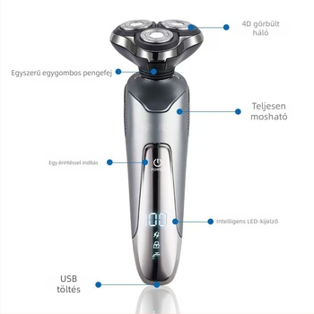 Elektromos borotva beépített orrszőr-trimmere — USB töltés, forgó 3 pengéjű fej, nedves és száraz használat, LED kijelző