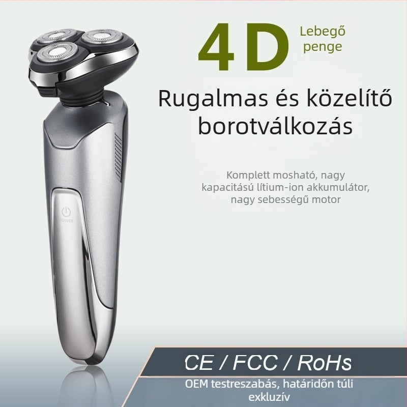 Elektromos borotva beépített orrszőr-trimmere — USB töltés, forgó 3 pengéjű fej, nedves és száraz használat, LED kijelző