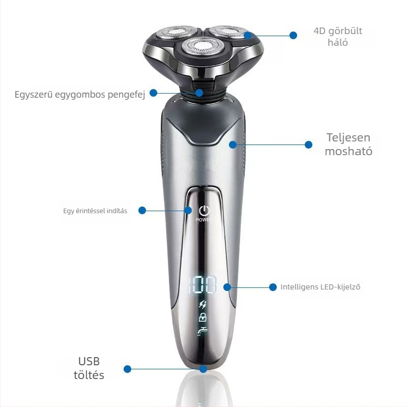Elektromos borotva beépített orrszőr-trimmere — USB töltés, forgó 3 pengéjű fej, nedves és száraz használat, LED kijelző