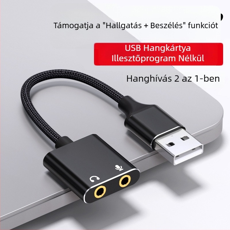 USB-tól 3,5 mm-es külső hangkártya adapter – 2 az 1-ben audió kábel, aranyozott csatlakozók, réz vezető