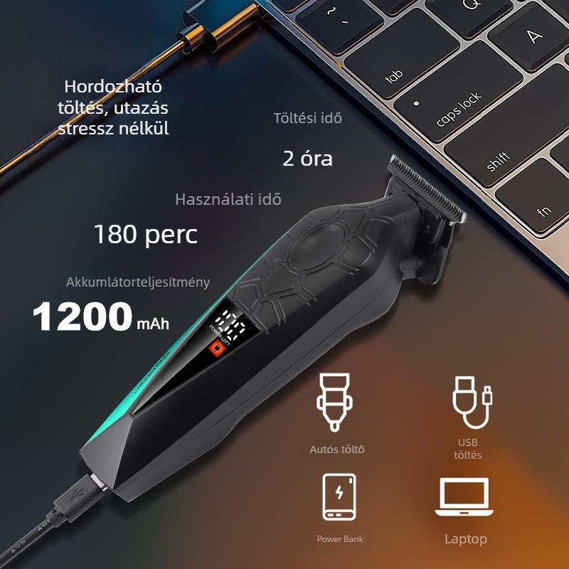 Hatteker újratölthető hajvágó LCD kijelzővel, Zero-Gap rozsdamentes acél pengék, kefés motor, 1000–1200 mAh akkumulátor, alacsony zajszint