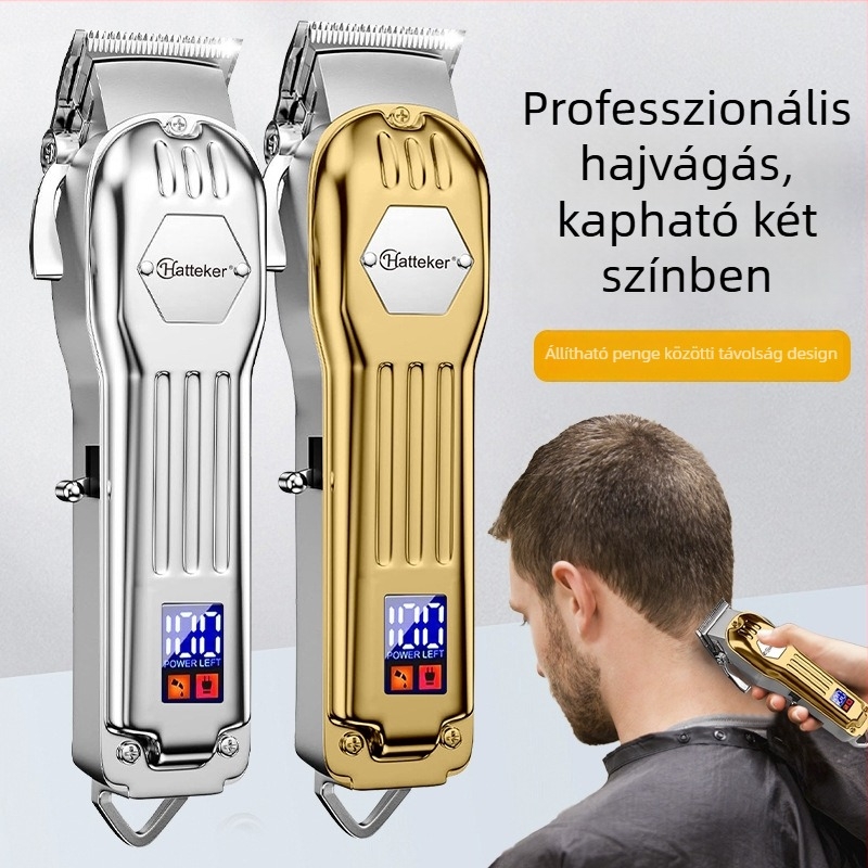 HATTEKER professzionális fodrász hajvágó gép szalonhoz beépített 500–800 mAh akkumulátorral, kefés motor, rozsdamentes acél vágófej, LCD kijelző