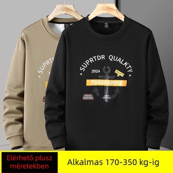 Férfi fleece-béléses vastag pulóver, kerek nyakú, laza szabású, hosszú ujjú, plusz méret, téli casual