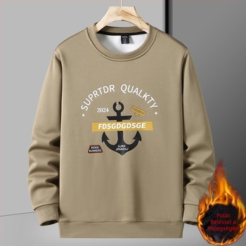 Férfi fleece-béléses vastag pulóver, kerek nyakú, laza szabású, hosszú ujjú, plusz méret, téli casual