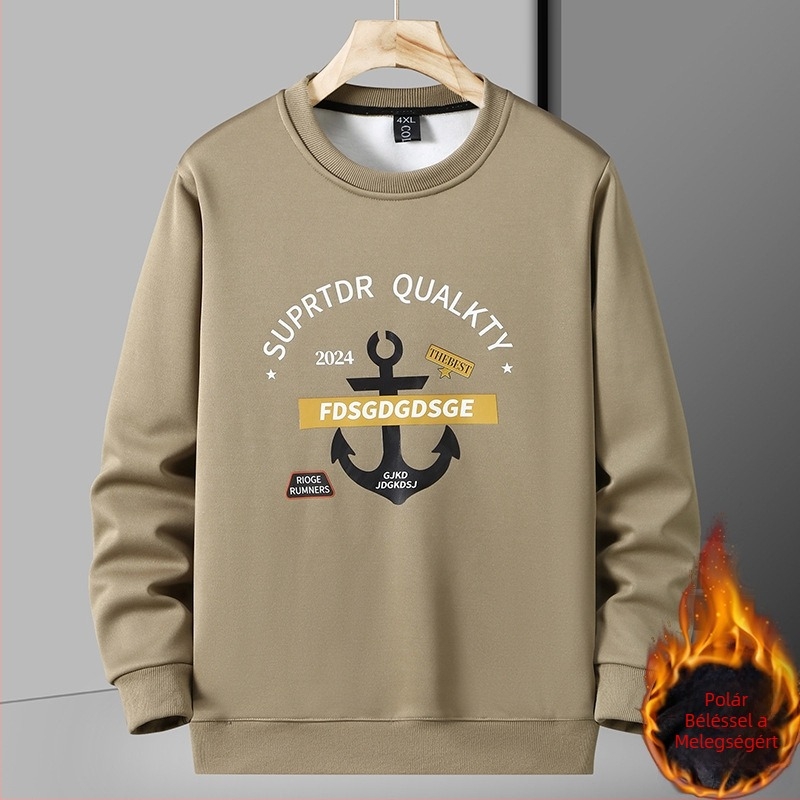 Férfi fleece-béléses vastag pulóver, kerek nyakú, laza szabású, hosszú ujjú, plusz méret, téli casual
