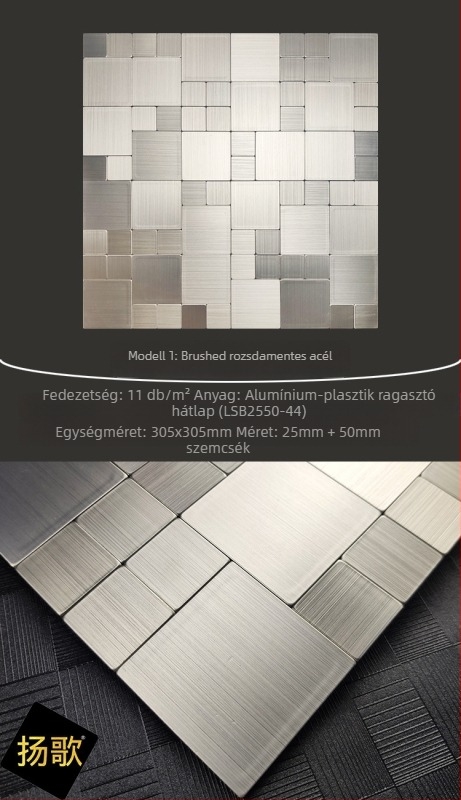 Rozsdamentes acél brushed mozaik falicsempe - öntapadós, fuga nélküli, alumínium-plasztik alapú háttérrel, konyha és fürdőszoba falakhoz