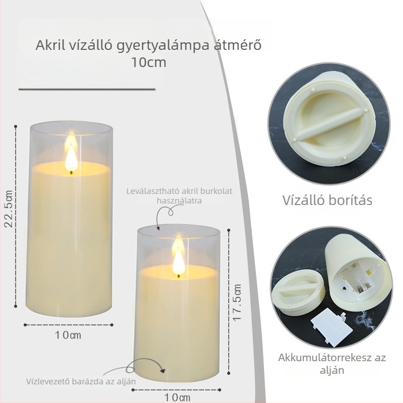 Kültéri IPX7 vízálló LED elektronikus gyertya akril burkolattal, hengeres műanyag kivitel