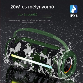 Vezeték nélküli Bluetooth hangszóró LED világítással, duál hangszórók, IPX6 vízálló, 20W kimenet, beépített 2000–4000 mAh akkumulátor