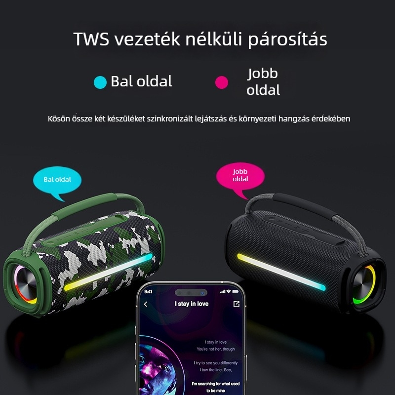 Vezeték nélküli Bluetooth hangszóró LED világítással, duál hangszórók, IPX6 vízálló, 20W kimenet, beépített 2000–4000 mAh akkumulátor