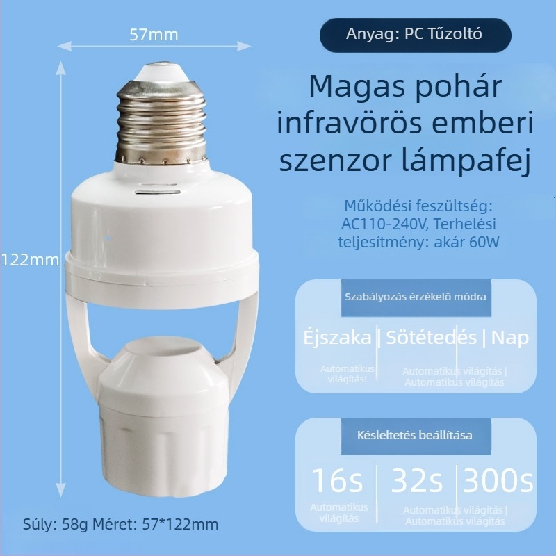 E27-es lámpatartó PIR érzékelővel – állítható, lépcsőházhoz és folyosóhoz, 0-440V, 1,5 s késleltetés