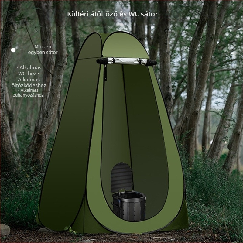 Kültéri hordozható gyorsnyitású sátor zuhanyzóval és öltöztető zónával, egyszemélyes elrendezés, vízálló <1000 mm, 170T ezüst poliészter anyag, testreszabható