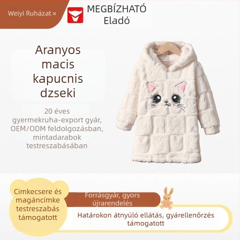 Lányok téli kapucnis fleece otthoni ruhaszett – pulóver, hosszú ujjú, poliészter bélés, aranyos stílus, 1–3 éveseknek
