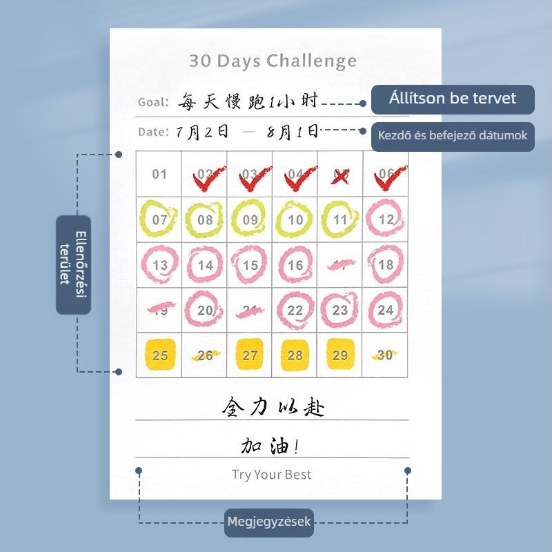 30 napos ellenőrző jegyzetfüzet, havi tervező, önfegyelemre összpontosítva, papírból készült blokk alakú, ragasztó nélküli