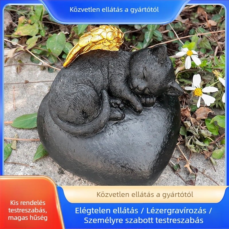 Műgyanta anyagú háziállat emlékurnája, lézerrel gravírozott szív és macska szárny motív, udvari dekoráció