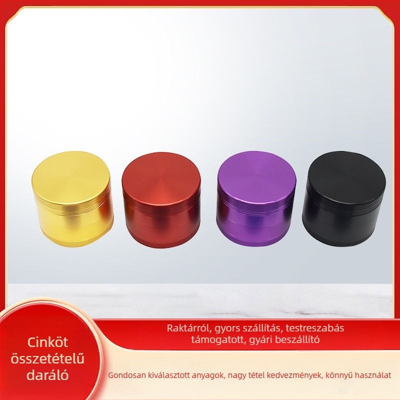 Egyszer használható dohányőrlő, cinkötvözetből, fényes sík kivitel, négy szint, logó nyomtatás