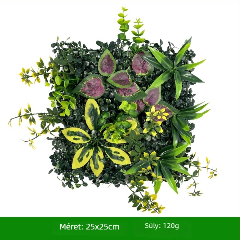 Növényfal hátfal – műanyag fű és selyemvirágok; domborított felület, injekciós öntés; változat: Milan-eukaliptusz, művirágok, páfrány, perszi stílus; esküvők, kültérre, fotózási kellékek, otthoni dekoráció