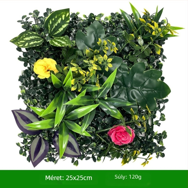 Növényfal hátfal – műanyag fű és selyemvirágok; domborított felület, injekciós öntés; változat: Milan-eukaliptusz, művirágok, páfrány, perszi stílus; esküvők, kültérre, fotózási kellékek, otthoni dekoráció