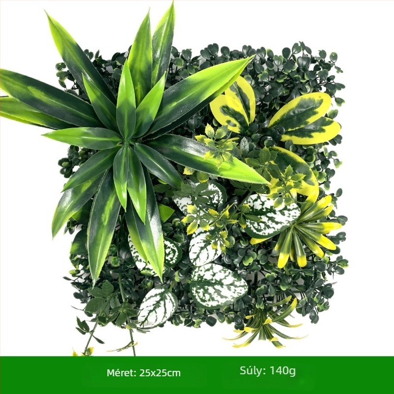 Növényfal hátfal – műanyag fű és selyemvirágok; domborított felület, injekciós öntés; változat: Milan-eukaliptusz, művirágok, páfrány, perszi stílus; esküvők, kültérre, fotózási kellékek, otthoni dekoráció