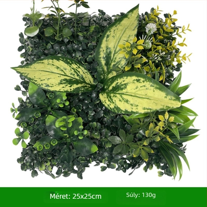 Növényfal hátfal – műanyag fű és selyemvirágok; domborított felület, injekciós öntés; változat: Milan-eukaliptusz, művirágok, páfrány, perszi stílus; esküvők, kültérre, fotózási kellékek, otthoni dekoráció