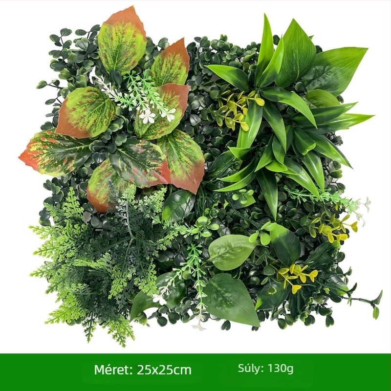 Növényfal hátfal – műanyag fű és selyemvirágok; domborított felület, injekciós öntés; változat: Milan-eukaliptusz, művirágok, páfrány, perszi stílus; esküvők, kültérre, fotózási kellékek, otthoni dekoráció