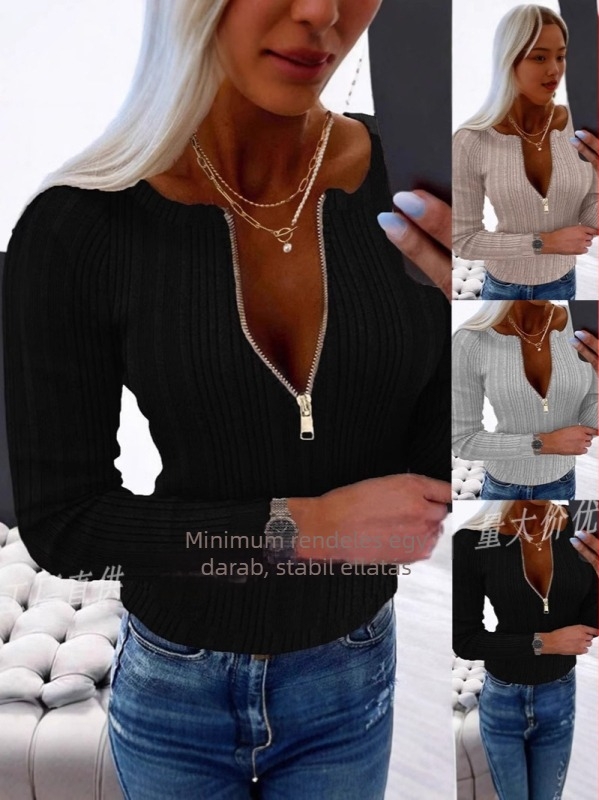 Női T‑shirt V-nyakkal, hosszú ujjú, szabálytalan szabású, kollázs/varrás dizájn, középméret 50–65 cm, spandex keverék 30–50%
