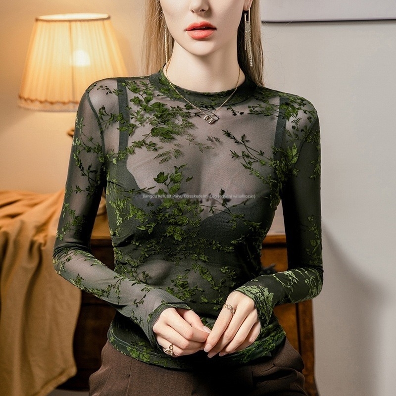 Női hálószálas felső hosszú ujjú flockolt mintával és csipével, karcsú fazon