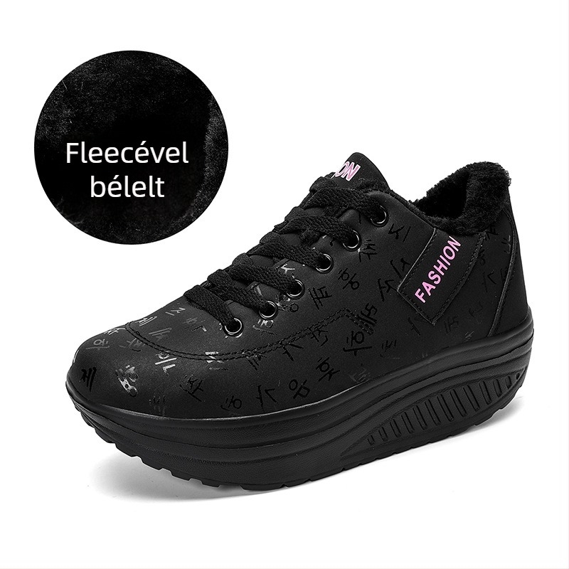 Téli női pamut cipő műbőr felsőrésszel, középmagas sarkú 3–5 cm