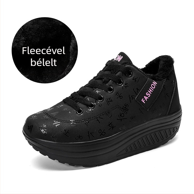 Téli női pamut cipő műbőr felsőrésszel, középmagas sarkú 3–5 cm