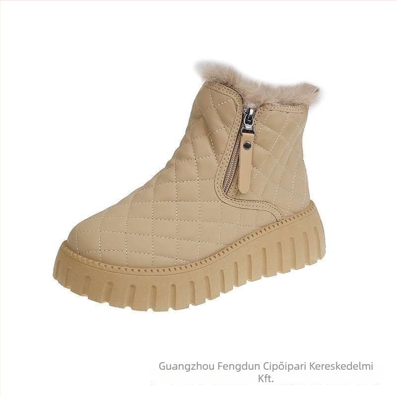 Női velúr bélésű középmagasságú hócsizma, téli, koreai stílus, PU felsőrész, elől kötős zárás, vastag talp 4–6 cm