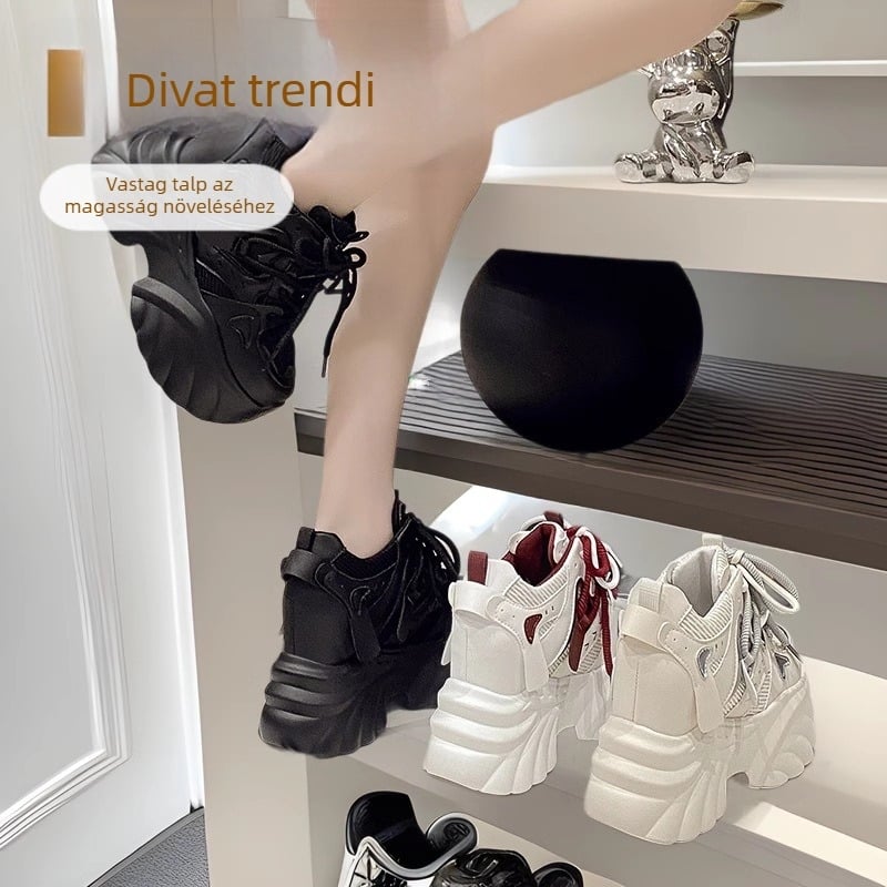 Női Dad Shoes stílusú cipő PU+háló felsőrész, kerek orr, 6–8 cm magas sarok, gumi talp, előre fűzőzár