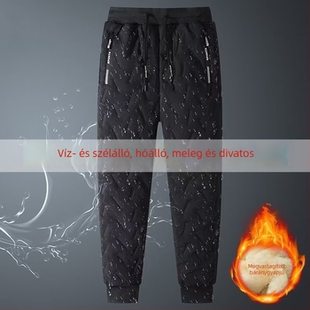 Férfi téli nadrág pamut töltettel, poliészter béléssel, egyenes szabású, egyszínű, magas derekú