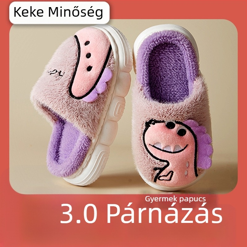 Beltéri gyerekpapucs, rajzfilm mintázatú, korall velúr felső, PVC talp, csúszásmentes, 7–12 éveseknek.