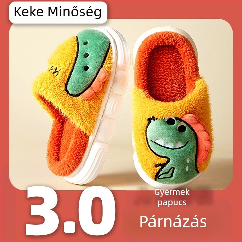 Beltéri gyerekpapucs, rajzfilm mintázatú, korall velúr felső, PVC talp, csúszásmentes, 7–12 éveseknek.