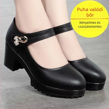 Tehénbőr felsőrészű magas sarkú cipő - Vintage stílus, kerek orrú, középső sarkú (3-5 cm); egész éves viselet