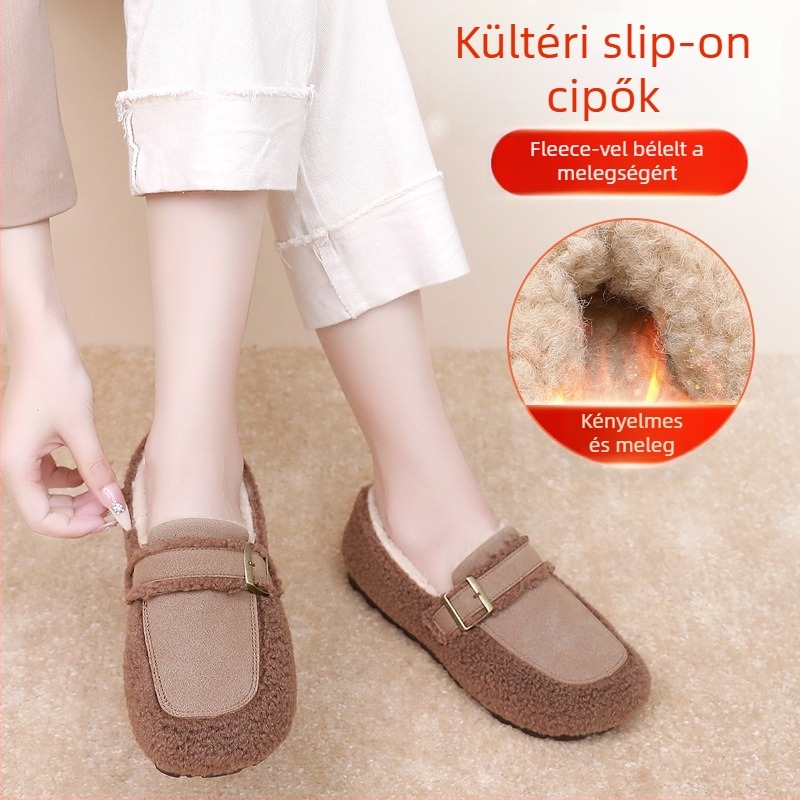 Női nubuk bőrű loafer meleg műszőrmés bélésével, slip-on, alacsony sarok 1–3 cm, kerek orr, kompozit talp