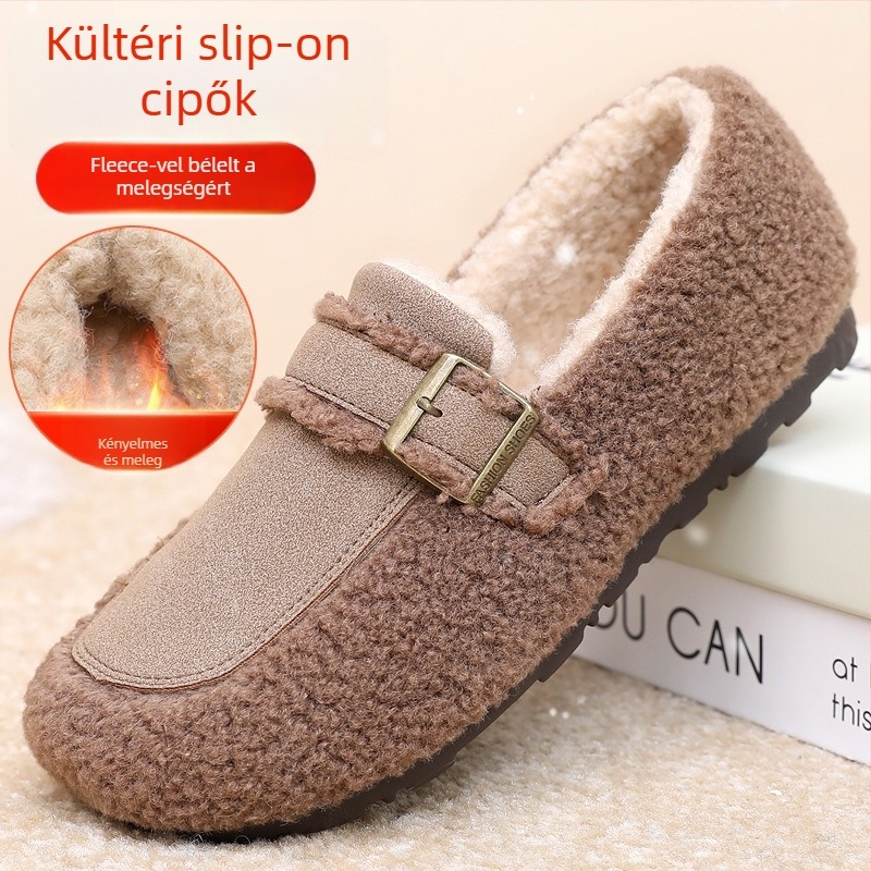 Női nubuk bőrű loafer meleg műszőrmés bélésével, slip-on, alacsony sarok 1–3 cm, kerek orr, kompozit talp