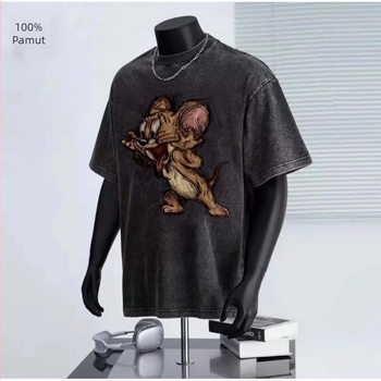 Férfi pamut T‑shirt, laza szabás, kerek nyakú, 3/4-es ujjú, nyomtatott/festett