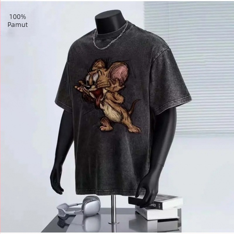 Férfi pamut T‑shirt, laza szabás, kerek nyakú, 3/4-es ujjú, nyomtatott/festett